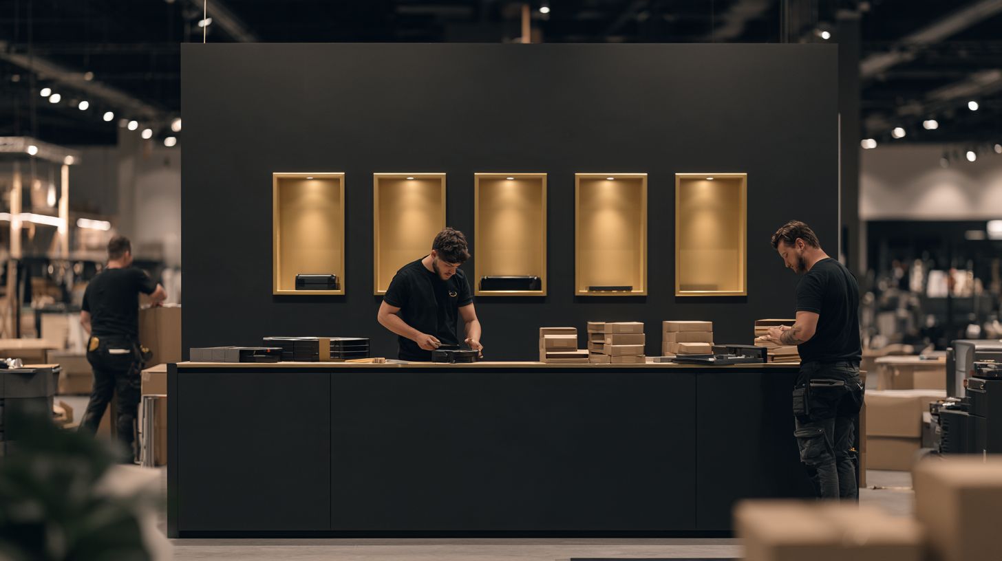 Standbouwers richten een donkere presentatiestand met verlichte nissen in