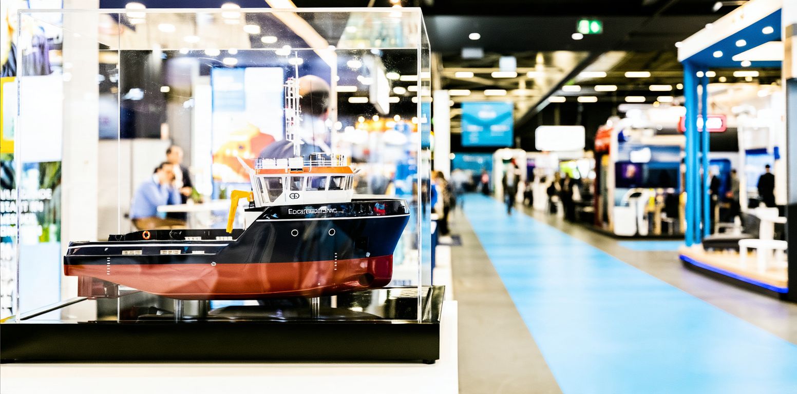 Scheepsmodel in een vitrine op een stand van Europort
