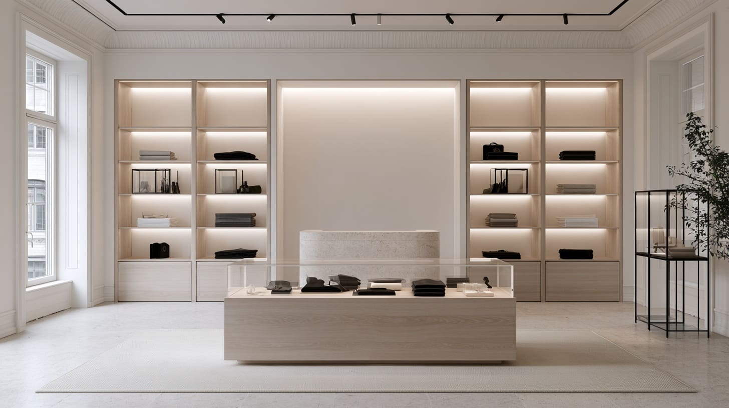 Licht winkelinterieur met verlichte wandkasten en een vitrinetafel