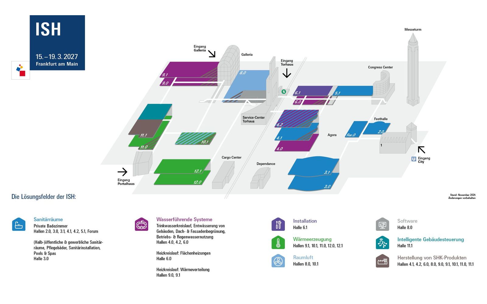 Plattegrond van Messe Frankfurt met de hallen van ISH 2027, ingedeeld per oplossingsveld