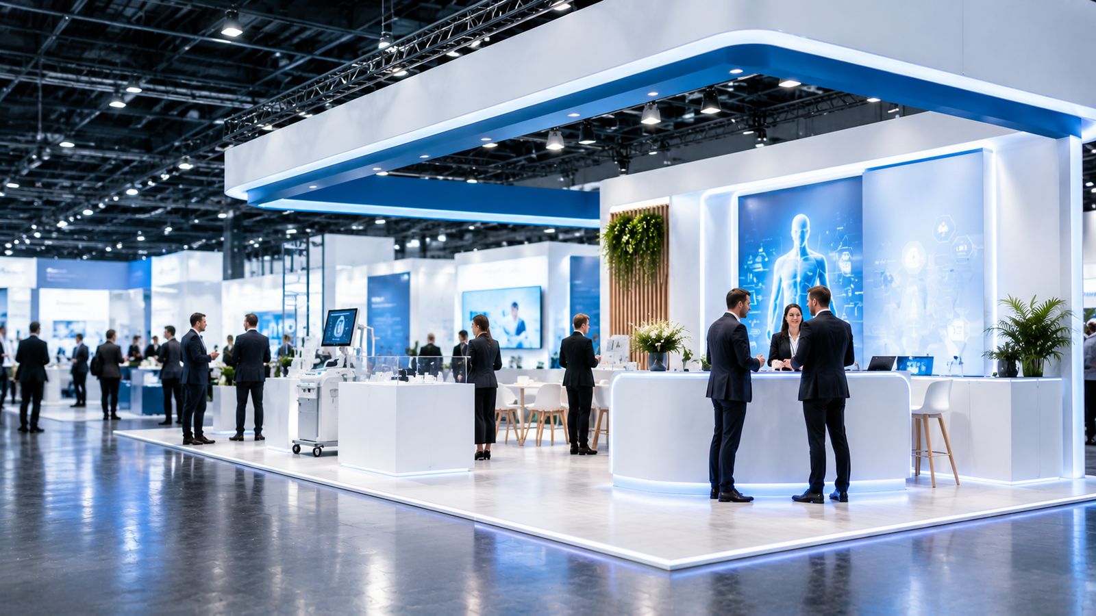 Medtechstand met een balie, vitrines en medische apparatuur in een beurshal