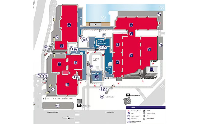 Plattegrond van RAI Amsterdam met de hallen, ingangen en parkings