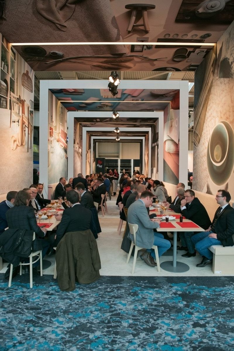 Lange gang met witte portalen en bezoekers aan tafels