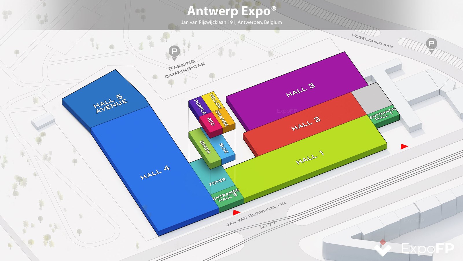 Plattegrond van Antwerp Expo met de vijf hallen, Avenue en Foyer