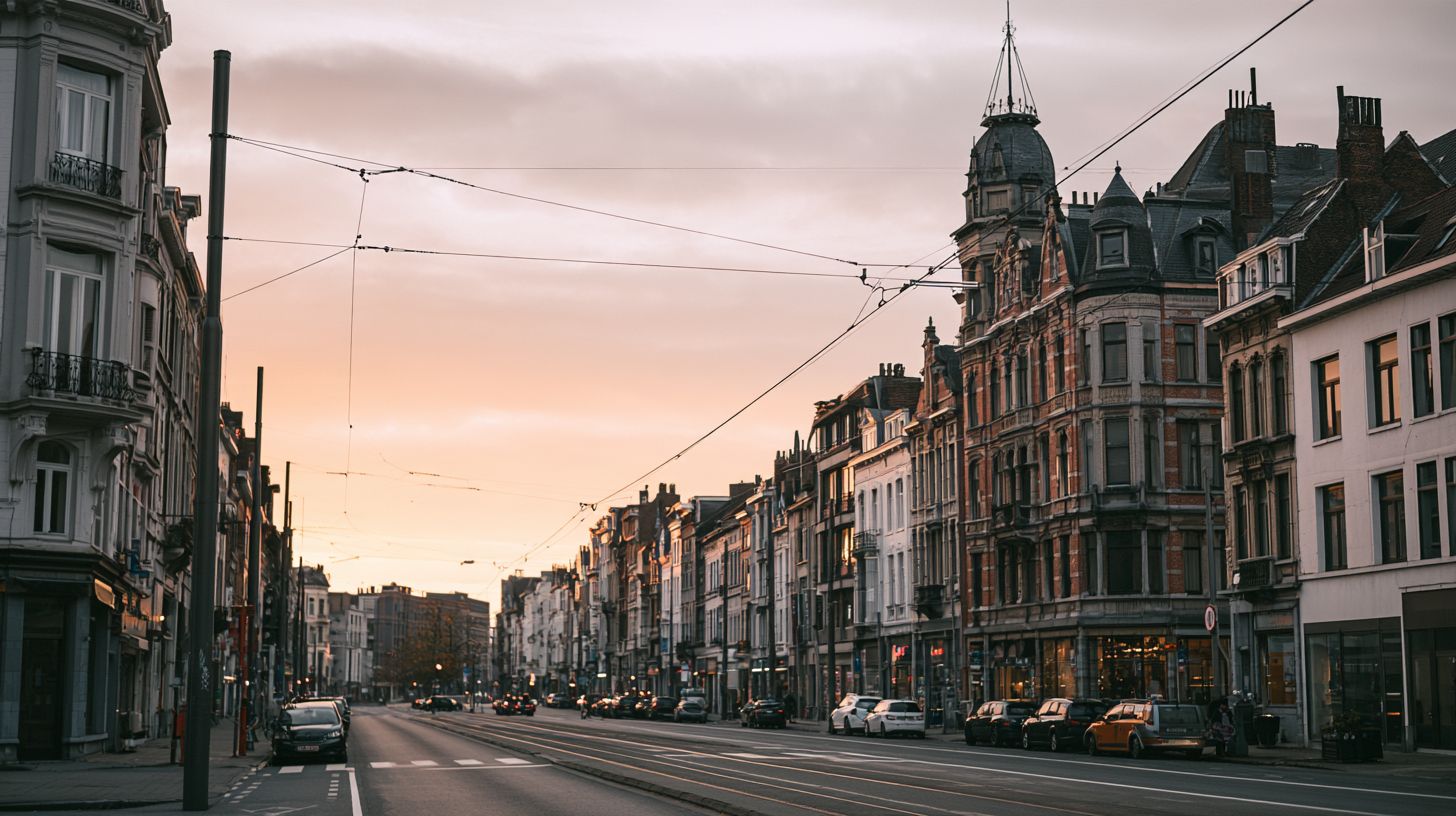 Straat met tramlijnen in Antwerpen bij zonsopgang