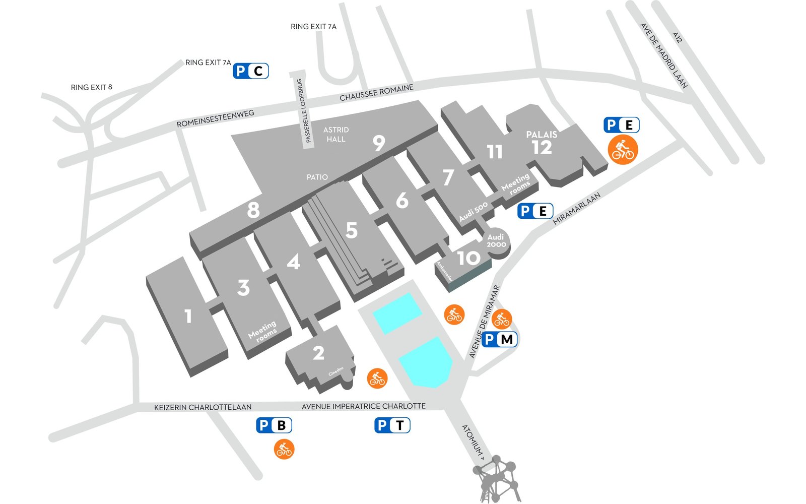 Plattegrond van Brussels Expo met de paleizen 1 tot 12, parkings en fietsenstallingen